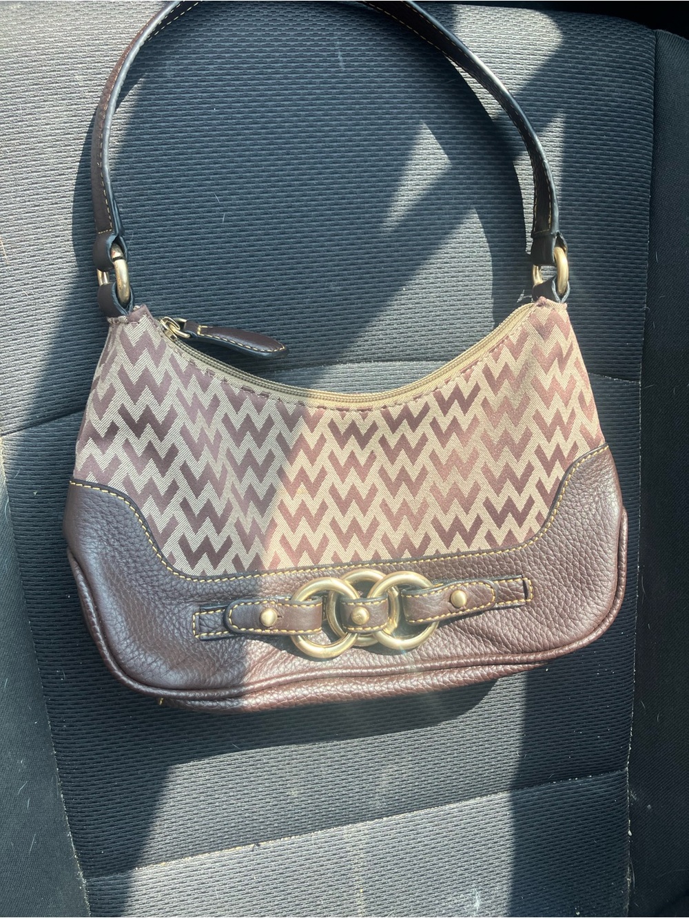 y2k vintage Brown Patterned Shoulder Bag with Gold Hardware